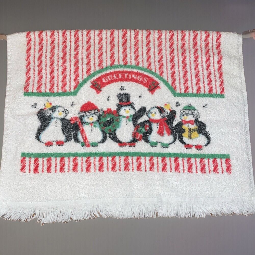 Vintage Leshner Mills Penguins Greetings Dish Towel 15” X 24” White Red Penguins